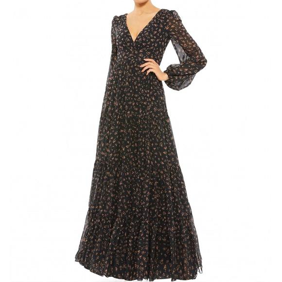 NEW IEENA FOR MAC DUGGAL floral ruffles tiered long sleeve maxi dress in black m